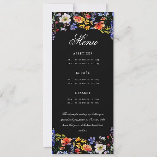 Floral 70th Birthday Programme Menu Merci Noir (Dos)