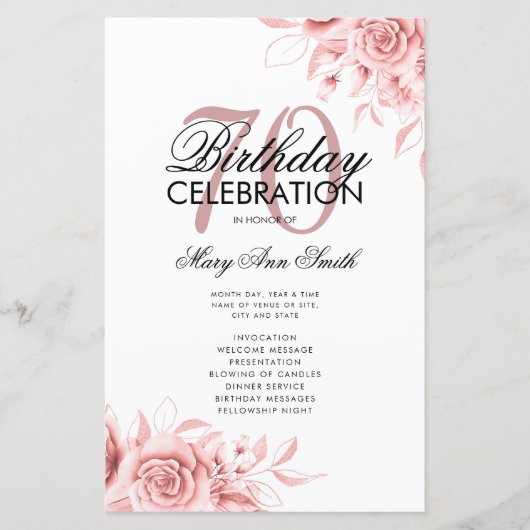 Floral 70th Birthday Programme Rose Gold Menu (Devant)