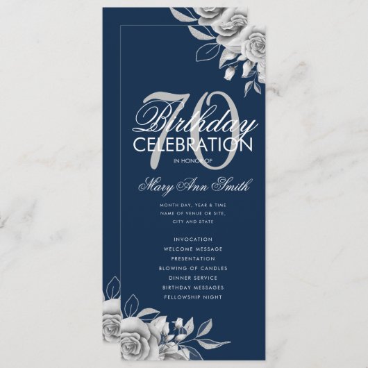 Floral 70th Birthday Programme Silver Navy avec me (Devant / Derrière)