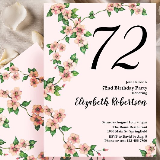 Floral 72e Invitation anniversaire en rose pâle