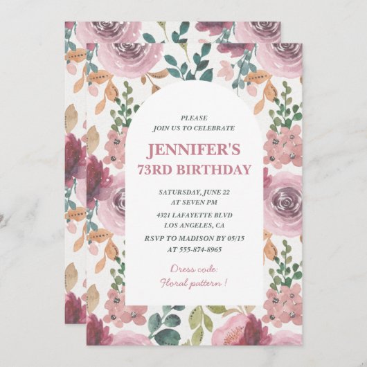 Floral 73e verjaardag uitnodigingen Chic Waterverf (Voorkant / Achterkant)