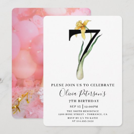 Floral 7e anniversaire avec invitation photo perso (Devant / Derrière)