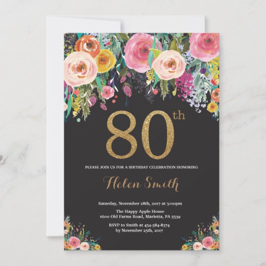 Floral 80e anniversaire Invitation Parties scintil (Devant)