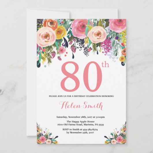 Floral 80e anniversaire Invitation rose (Devant)