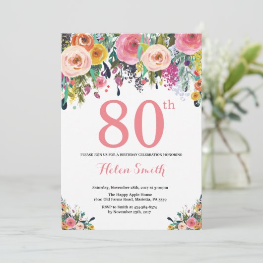 Floral 80e anniversaire Invitation rose (Debout devant)