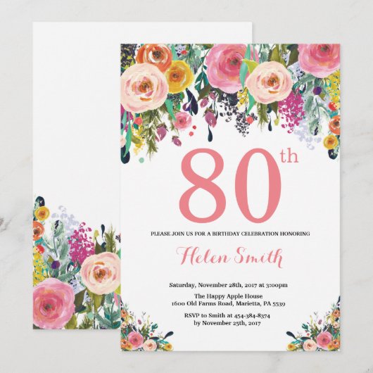 Floral 80e anniversaire Invitation rose (Devant / Derrière)