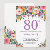 Floral 80e anniversaire Invitation violet (Devant / Derrière)