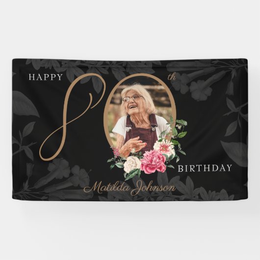 Floral 80th Birthday Black Gold Chic - aangepaste  Spandoek (Horizontaal)