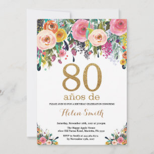 Floral 80th Birthday Invitation Gold Glitter Kaart