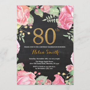Floral 80th Birthday Invitation Gold Glitter Kaart