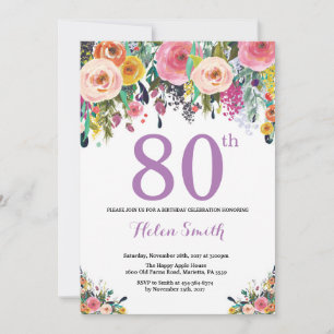 Floral 80th Birthday Invitation Paars Kaart