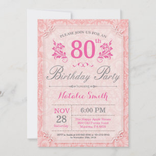 Floral 80th Birthday Invitation Pink for Women Kaart