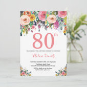Floral 80th Birthday Invitation Pink Kaart (Staand voorkant)