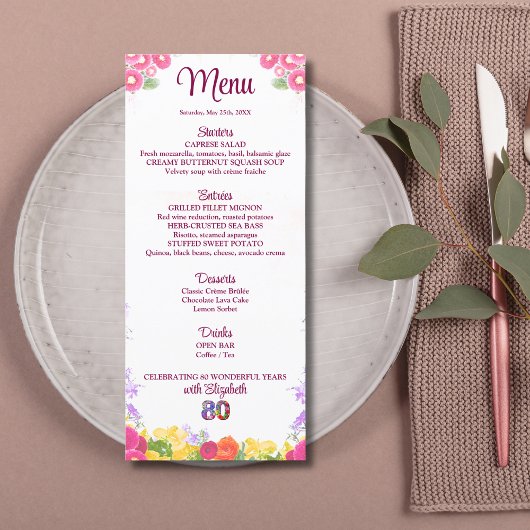 Floral 80th Birthday Menu Card élégant 80 ans