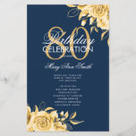 Floral 80th Birthday Program Gold & Navy avec menu<br><div class="desc">Design élégant "Programme de fête d'anniversaire" avec arrangement floral en or avec texte personnalisé.</div>