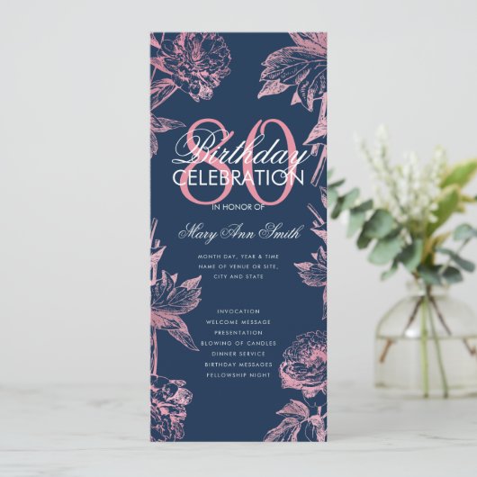 Floral 80th Birthday Programme Rose Gold Navy Menu (Debout devant)