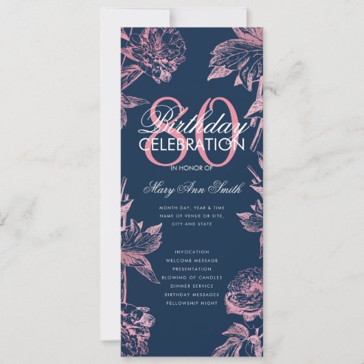 Floral 80th Birthday Programme Rose Gold Navy Menu (Devant)