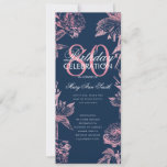 Floral 80th Birthday Programme Rose Gold Navy Menu<br><div class="desc">Design élégant "Programme de fête d'anniversaire" avec arrangement floral en or Rose avec texte personnalisé.</div>