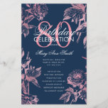 Floral 80th Birthday Programme Rose Gold Navy Menu<br><div class="desc">Elégant "Programme de fête d'anniversaire" avec Floral Arrangement dans la Marine Rose d'or avec texte personnalisé.</div>