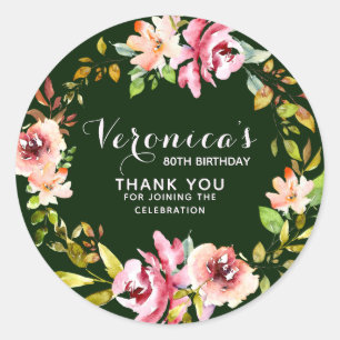 Floral   80th Birthday Thank You  Green Ronde Sticker