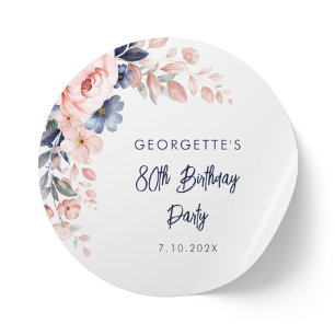 Floral 80th Pink Flowers Verjaardagsfeest Script Ronde Sticker