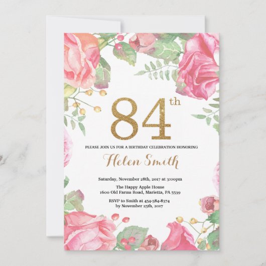 Floral 84e anniversaire Invitation Parties scintil (Devant)
