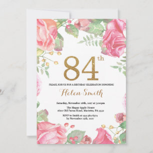 Floral 84th Birthday Invitation Gold Glitter Kaart