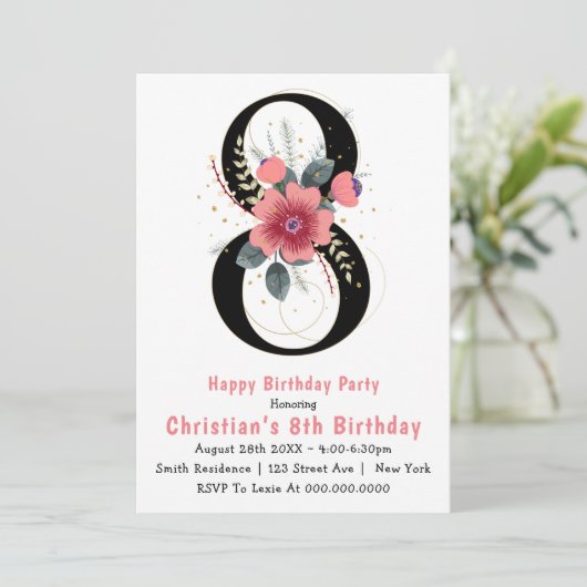 Floral 8e typographie Invitations d'anniversaire (Debout devant)