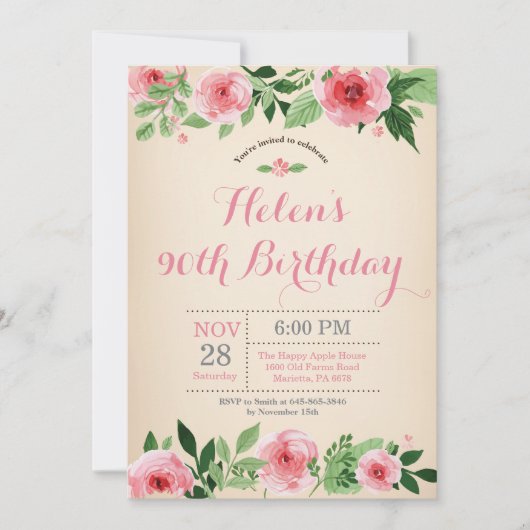 Floral 90e anniversaire Invitation Aquarelle rose (Devant)