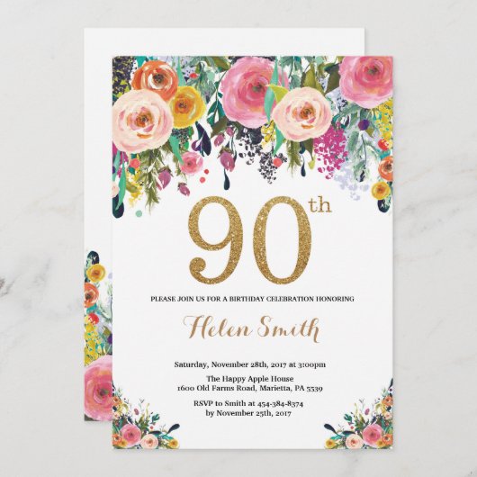 Floral 90e anniversaire Invitation Parties scintil (Devant / Derrière)