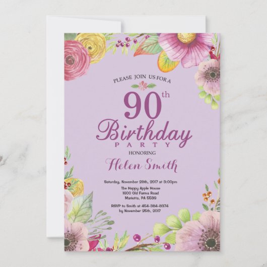 Floral 90e anniversaire Invitation pour les femmes (Devant)