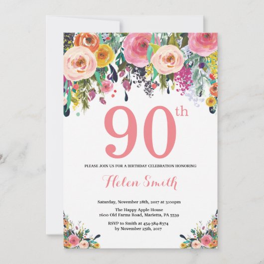 Floral 90e anniversaire Invitation rose (Devant)