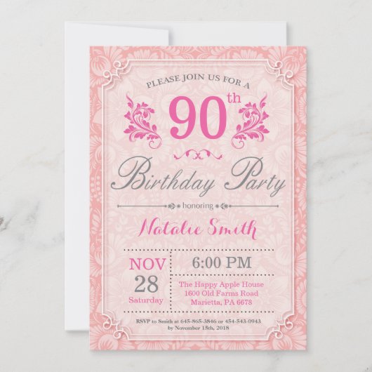 Floral 90e anniversaire Invitation rose pour les f (Devant)