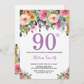 Floral 90e anniversaire Invitation violet (Devant / Derrière)