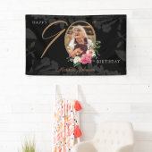 Floral 90th Birthday Black Gold Aangepaste foto Spandoek (Insitu)