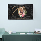 Floral 90th Birthday Black Gold Aangepaste foto Spandoek (Beurs)