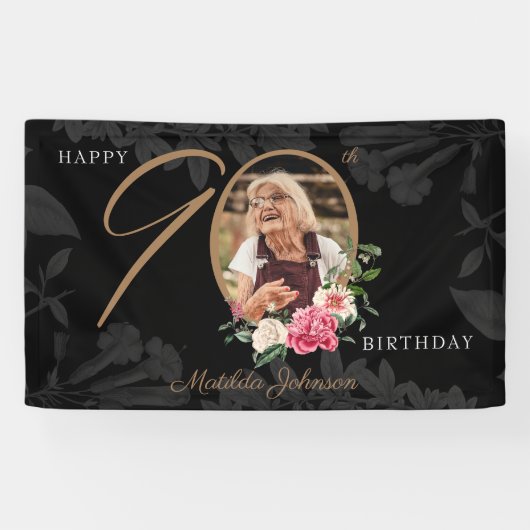 Floral 90th Birthday Black Gold Aangepaste foto Spandoek (Horizontaal)