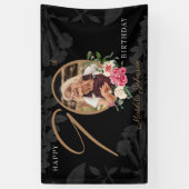 Floral 90th Birthday Black Gold Aangepaste foto Spandoek (Verticaal)