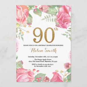 Floral 90th Birthday Invitation Gold Glitter Kaart
