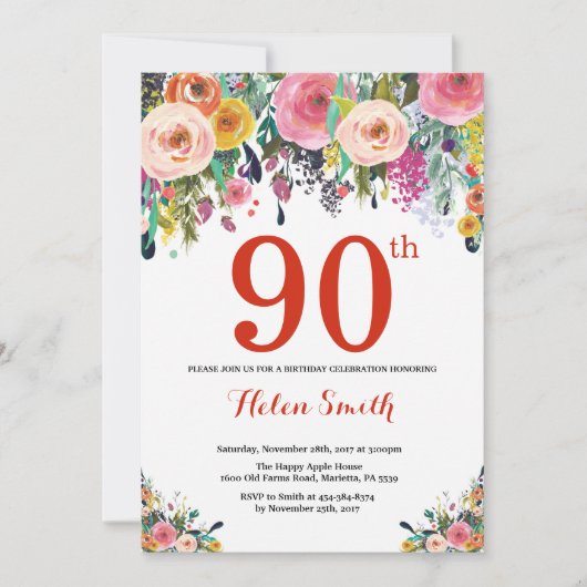 Floral 90th Birthday Invitation Red Kaart (Voorkant)
