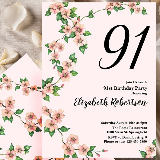 Floral 91st Birthday Invitation in Blush Pink