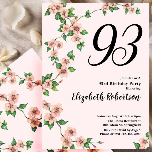 Floral 93rd Birthday Invitation in Blush Pink