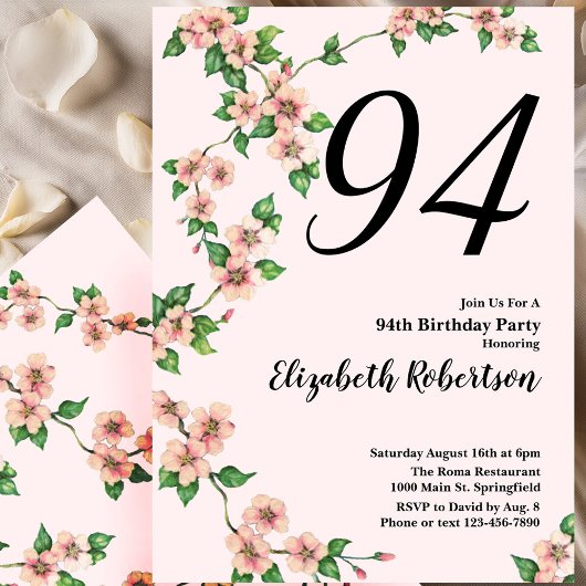 Floral 94th Birthday Invitation in Blush Pink