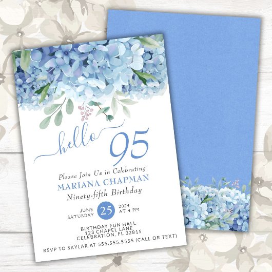 Floral 95th Birthday Blue Hydrangeas Waterverf Kaart