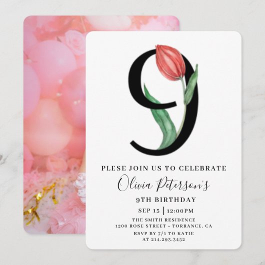 Floral 9e anniversaire avec invitation photo perso (Devant / Derrière)