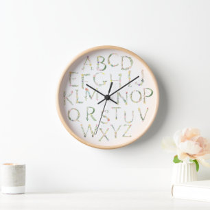 Floral ABC Alphabet Nursery Kids Room Horloge