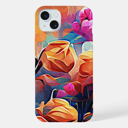 Floral Abstract Art Orange Red Blue Flowers (Verso)