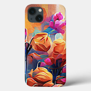 Floral Abstract Kunst Oranje Rode Blauwe Bloemen iPhone 13 Hoesje
