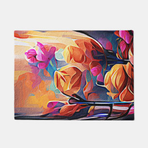 Floral Abstract Kunst Oranje Rode Blauwe Bloemen Deurmat