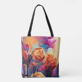 Floral Abstract Kunst Oranje Rode Blauwe Bloemen Draagtas (Achterkant)